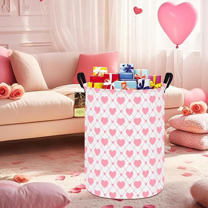 HUNRUNG Collapsible Fabric Storage Basket, Waterproof Laundry Hamper with Handles, Round Storage Bin for Clothes Toys, Foldable Organizer for Bedroom Nursery Bathroom(Round-Heart)