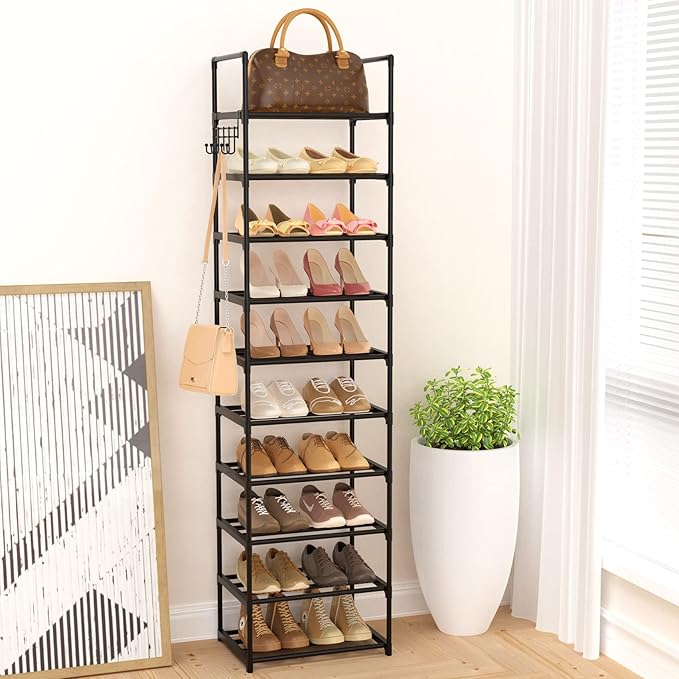 Narrow Shoe Rack 10 Tiers Tall Shoe Rack for Entryway 20 24 Pairs Shoe & Boots Organizer Storage Shelf Durable Black Metal Stackable Shoe Cabinet with Hooks, 17.1D x 11.8W x 78.7H in