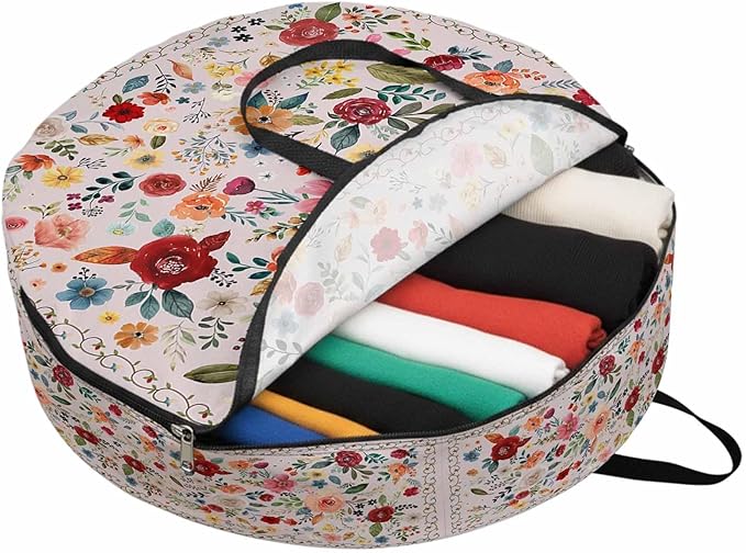 Storage Bag Pink Floral Round Storage Totes Bins Closet Organizers with Zippers & Handle Farmhouse Vintage Flower Clothes Storage Container for Bedroom Dorm Space Saving Packing Supplies Moving Bags