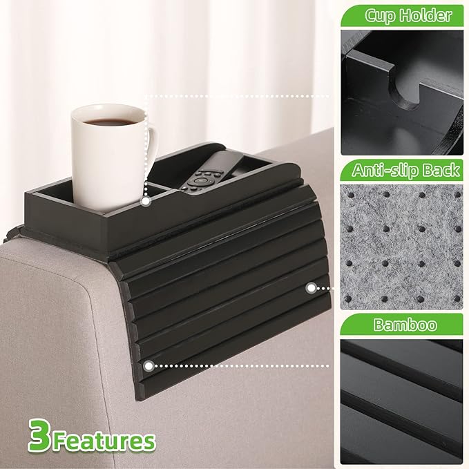 GEHE Couch Cup Holder, Anti Falling Sofa Arm Tray, Natural Bamboo Sofa Cup Holder More Safe for You Family, Portable Couch Arm Tray Armrest Table for Remote, Snacks, Phone, Drinks