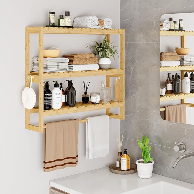 RRX Bathroom Shelf Storage Organizer, Bathroom Shelf 3-Tier Adjustable Layer Bamboo Organizer with Bar, Hanging, Freestanding Over Toilet Utility Shelves, Beige