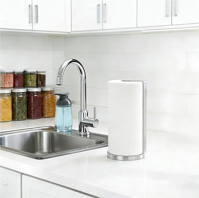 ZUNTO Silver Paper Towel Holder for Countertop, Freestanding Kitchen Paper Towel Organizer, One-Hand Tear Paper Towel Rack, Heavy Duty and Non-Slip