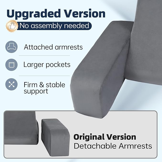 ENITYA 19" Back Support Pillow,Reading Pillow with Attached Arms & Large Pockets, Removable Washable Cover, Wedge for Sitting,Reclining,Watching TV,Post Surgery in Bed,Couch or Floor,Medium Firm,Grey