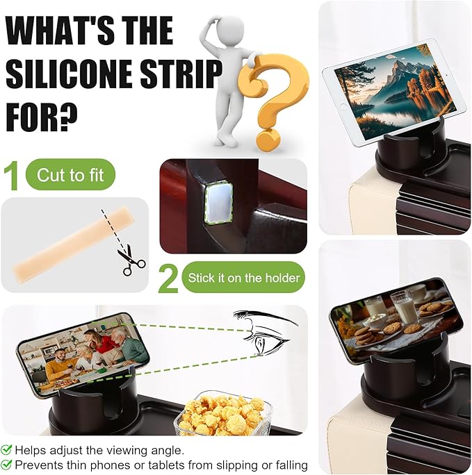 Couch Cup Holder,Bamboo Couch Arm Tray with 360° Rotating Cup Holder,Foldable Anti-Slip Sofa Arm Chair Tray for Eating Snack Drink Side Table