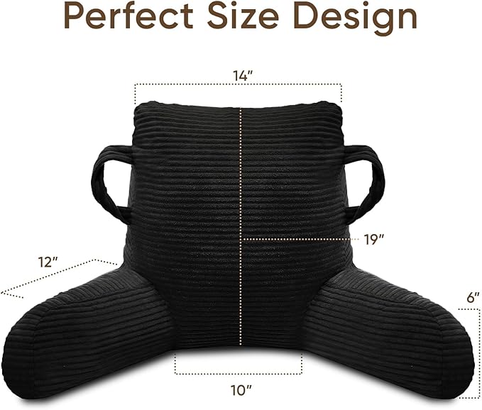 Reading Pillow for Sitting in Bed Adult, Bed Reading Pillow with Shredded Memory Foam, Back Pillow for Sitting with Arms and Pockets, Black