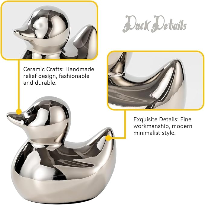 Home Decor Silver Ceramic Duck Figurines, Home Decor Animal Sculptures and Statues Handmade Artware Decor, Mini Duck