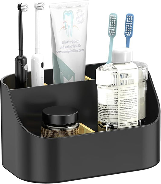 Mens Countertop Toothbrush Holders for Bathrooms, Plastic Toothpaste and Electric Tooth Brush Holder Storage Caddy Stand for Shower, 5 Slots Kids Bathroom Counter Organizer for Vanity, Black