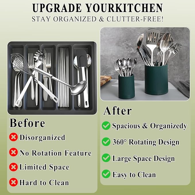 HOMQUEN 360° Rotating Utensil Holder, 6.3''+4.7'' Plastic Kitchen Utensil Holder for Countertop, Large Cooking Utensil Crocks for Kitchen Decor, Utensil Organizer for Spatula, Set of 2 (Green)