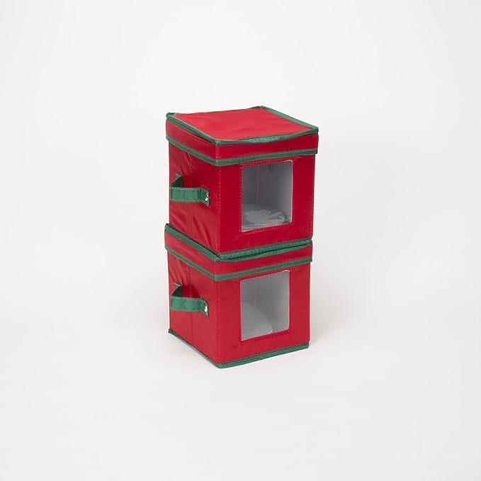 Household Essentials 530RED Holiday China Storage Chest with Lid and Handles | Storage Bin for Small Saucer Plates | Red Canvas with Green Trim