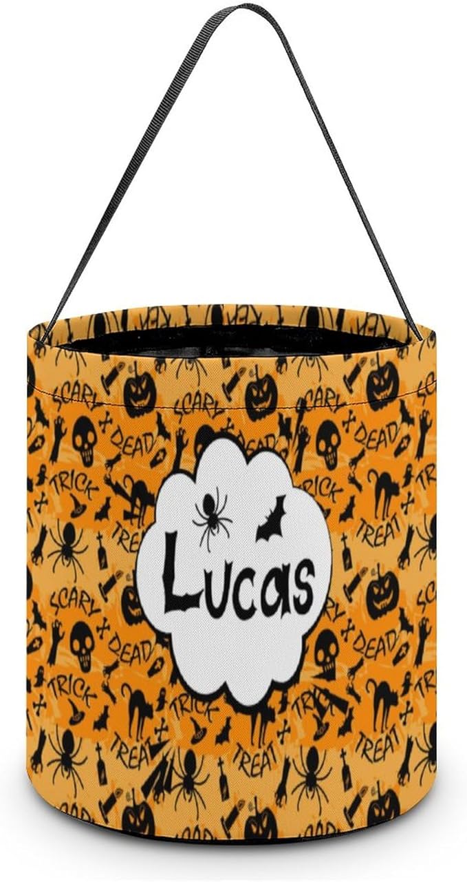 Personalized Halloween Trick or Treat Candy Bag with Name Custom Text Party Tote Bucket Halloween Candy Basket Gift (Bag-1)