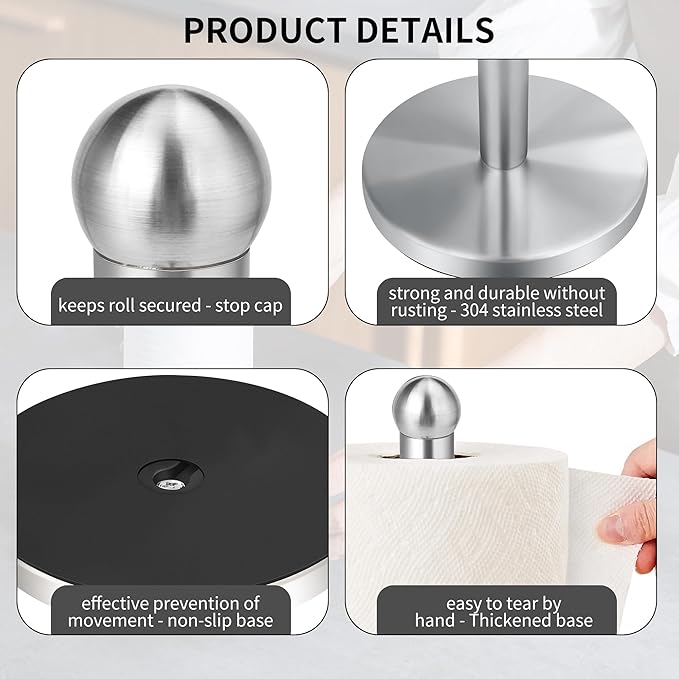 Paper Towel Holder Countertop, Paper Towel Holder with Solid Weighted Base, for Standard and Large Size Rolls