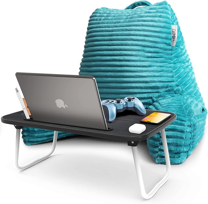 Nestl Teal Reading Pillow with Bed Desk for Laptop and Writing, Luxe Cut Plush Back Pillow for Sitting Up, Back and Arms Adjustable Support for Adult and Teens, Foldable Lap Desk for Bed 22x14”
