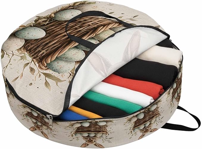 Easter Rabbit Round Storage Bag 36 Inch, Vintage Basket Green Eggs Country Leaf Greenery Linen Clothes Storage Container with Handles Heavy Duty Organizer for Comforter, Bedding & Holiday Wreaths