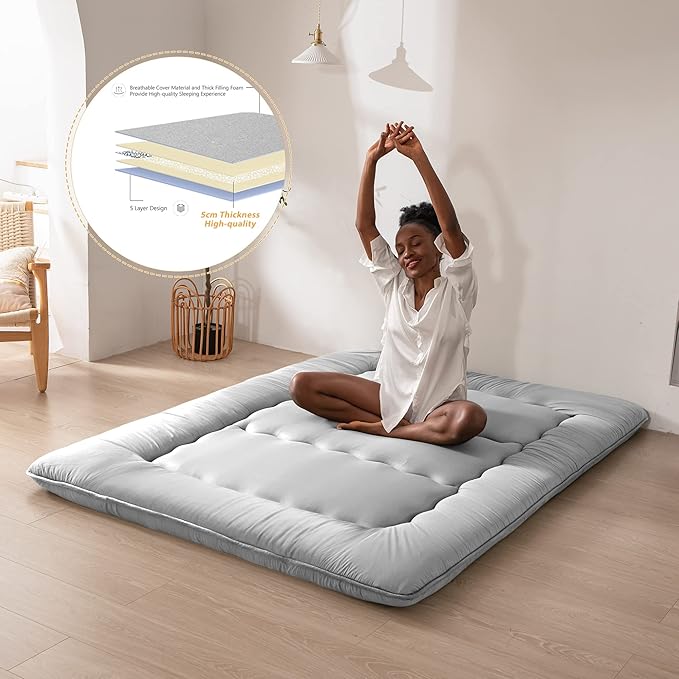 MAXYOYO Japanese Floor Mattress Futon Mattress, Thicken Sleeping Pad Foldable Roll Up Boys Girls Dormitory Kids Lounger Couch and Sofa, Grey, Full