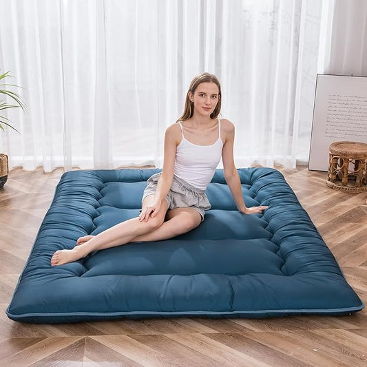 MAXYOYO Japanese Floor Mattress Futon Mattress, Thicken Sleeping Pad Foldable Roll Up Floor Futon for Adults Tatami Mat Dormitory Lounger, Bluestone, Full Size