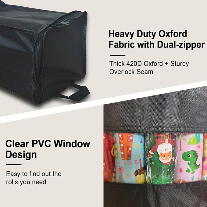 Newbob Wrapping Paper Storage Bag, 41" Gift Wrapping Organizer Storage for Paper Rolls up to 30 Rolls, Heavy Duty Waterproof Gift Wrap Container with PVC & Side Pocket & Handles & Zipper