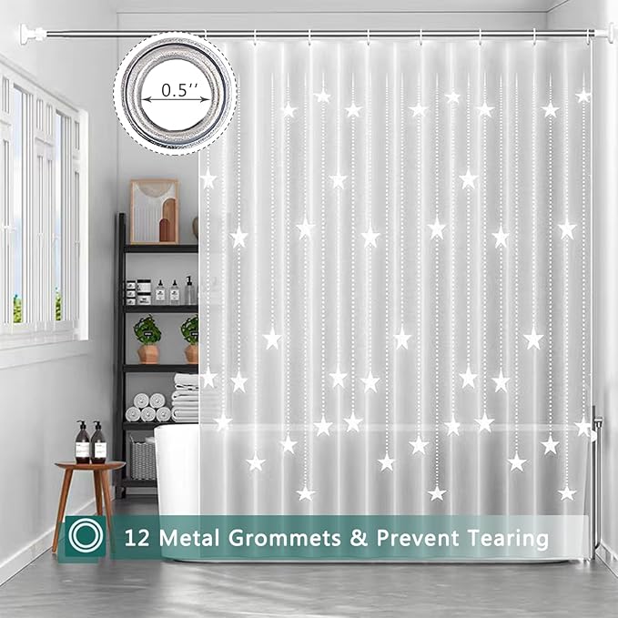 Shower Curtain Liner, White Pentagram Waterproof PEVA Shower Curtains with 3 Duty Heavy Bottom Magnets and 12 Rust Proof Grommets, 72x72 Weighted Shower Liner for Shower Stall, Bathtubs