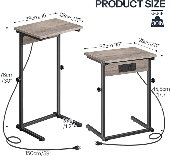 HOOBRO C-Shaped End Table with Charging Station, Adjustable Height Sofa Tray Side Table, Slide Under Couch Arm Table, Small C Side Table for Small Space in Living Room, Bedroom, Greige BG71USF01