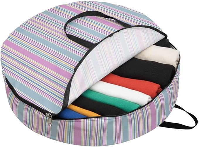 Storage Bag Pink Striped Round Storage Totes Bins Closet Organizers with Zippers & Handle Geometric Blue Stripes Clothes Storage Container for Bedroom Dorm Space Saving Packing Supplies Moving Bags