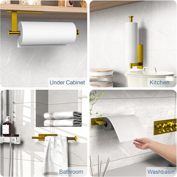 CUXIXA Paper Towel Holder Under Cabinet, Upgraded Adhesive Paper Towel Holder Wall Mount for Kitchen, Bathroom, RV, Bend-Resistant, Self-Adhesive or Drill mounting, Stainless Steel, Gold