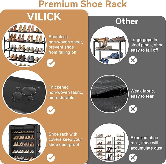 VILICK Shoe Rack with Cover, 7 Tier Shoe Organizer Storage for 32-40 Pair Shoes and Boots Large Shoe Storage Shelf Space Saving Vertical Shoe Rack for Closet, Front Door Entrance, Dorm, Garage