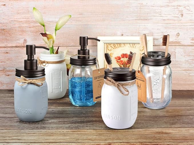 Mason Jar Toothbrush Holder – Bronze – with Genuine Glass 16 Ounce Mason Jar for Regular Mouth Mason Jar ， Premium Rust-Proof 304 Stainless Steel - Rustic Farmhouse Decor Bathroom Accessories