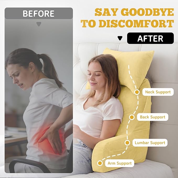 Unisakey Portable Reading Pillows with Headrest for Bed Sitting Up(Yellow Oeko-Tex), Velvet Back Pillow with Arms & Pockets for Adults, Support Memory Foam Bed Pillow for Dorm/Reading/Watching/Gaming