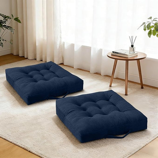 Navy Blue Tufted Floor Cushions with Carry Handle, 18x18 Inch Set of 2, Non-Slip Chair Pads for Yoga Meditation and Floor Pillow Living Room