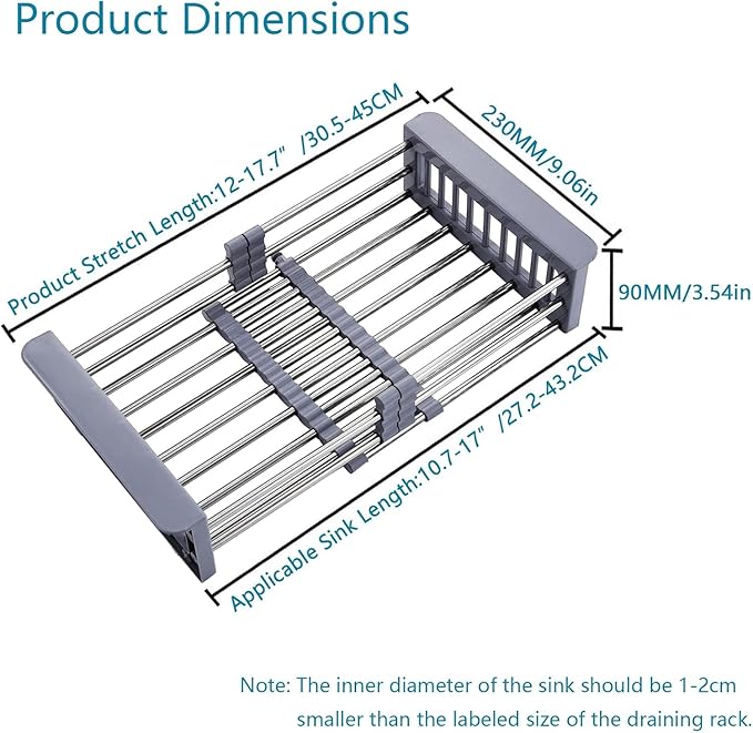 Small Over The Sink Dish Drying Rack - Stainless Steel Expandable Telescopic Drain Basket, Adjustable Kitchen Sink Organizer for Dishes Fruits Vegetables (Grey)