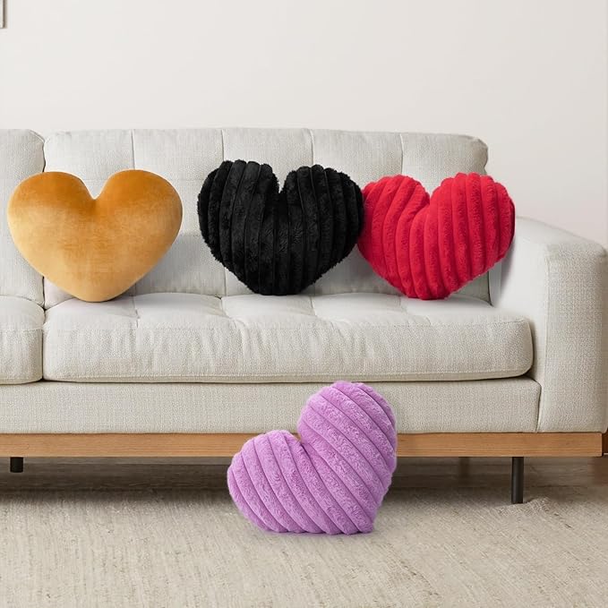 16 Inch Heart Pillow Cute Soft Decorative Throw Pillows, Heart Shaped Fluffy Faux Fur Pillows Cushions for Couch Sofa Bed Bedroom Room Home Decor Aesthetic (2, Black, Medium-16 x13)