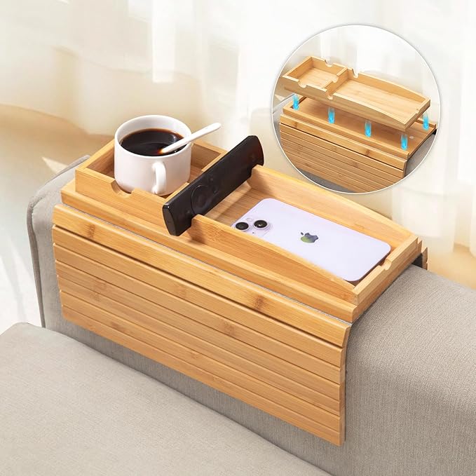Bamboo Couch Arm Tray Table | 2-in-1 Detachable Sofa Tray with Slidable Cup Holder | 4.5 to 14 inches Wide Adjustable & Foldable Design with an Anti-Slip Surface for Drinks, Snacks, and Remote