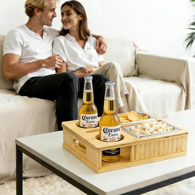 Bamboo Couch Caddy Holder Tray - XL Anti-Spill Sofa Arm Tray Table - Non-Slip Armrest Organizer for Drinks, Phone & Remotes - Stable Caddy for Couch, Car & Floor
