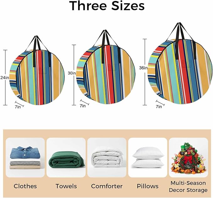 Storage Bag Colorful Stripes Round Storage Totes Bins Closet Organizers with Zippers & Handle Boho Style Lines Striped Clothes Storage Container for Bedroom Dorm Space Saving Packing Supplies Bags