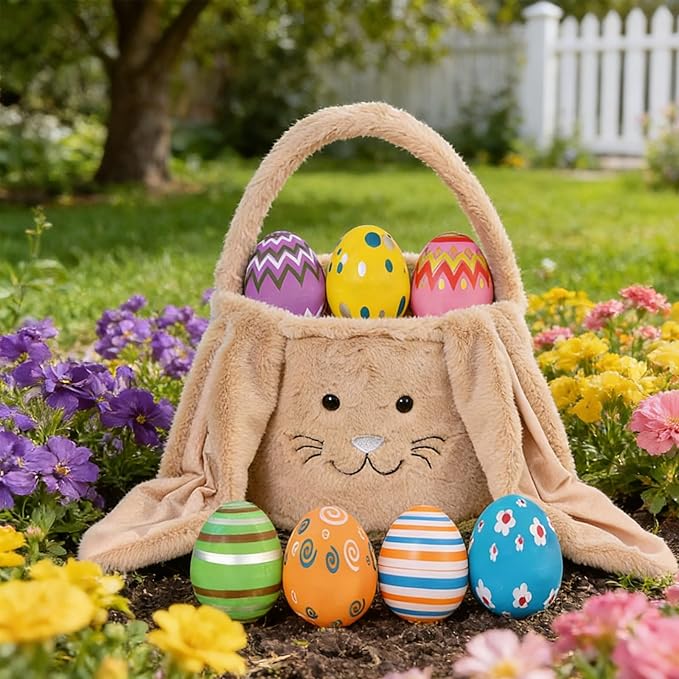Plush Bunny Easter Egg Handbag Set, 2026 New Easter Storage Basket, 12 Openable Easter Eggs(White)