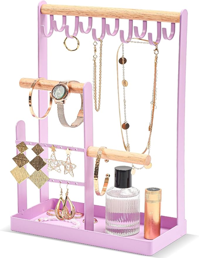 ProCase Jewelry Stand Holder Organizer, 4-Tier Necklace Holder with Ring Tray, 10 Hooks Necklaces Hanging Small Jewelry Display Storage Tower Tree for Bracelets Earrings Watches -Medium, Purple