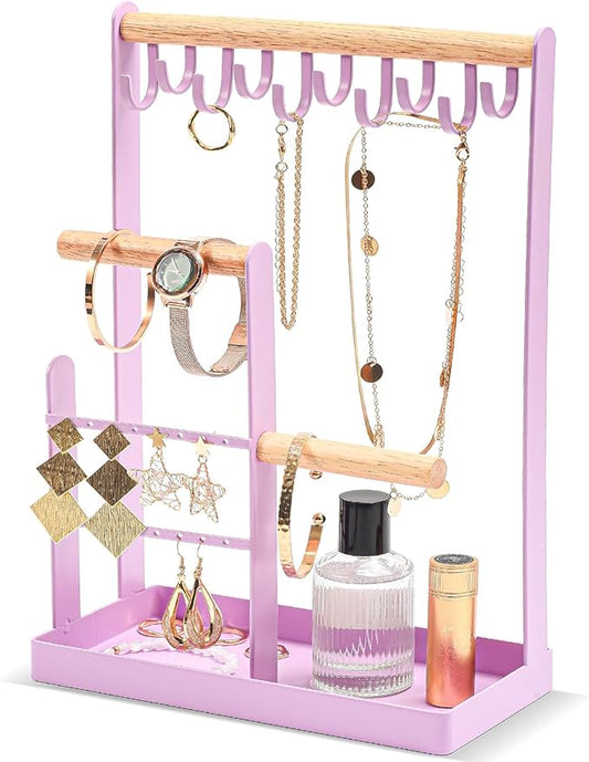 ProCase Jewelry Stand Holder Organizer, 4-Tier Necklace Holder with Ring Tray, 10 Hooks Necklaces Hanging Small Jewelry Display Storage Tower Tree for Bracelets Earrings Watches -Medium, Purple