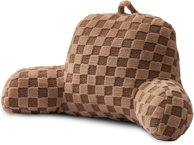 A Nice Night Faux Fur Reading Pillow,Checkered Fluffy Grid Plaid,Bed Wedge Pillow Large Adult Children Backrest with Arms for Bedrest,Brown