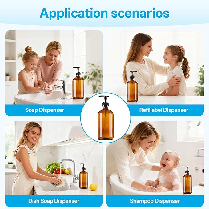 GIVAMEIHF 8oz Amber Glass Dispenser Bottles 3-Pack,Refillable Soap Dispenser with Drip-Free Pump,Brown Glass Containers for Kitchen & Bathroom - Dish Soap,Shampoo,Lotion,Conditioner & Body Wash