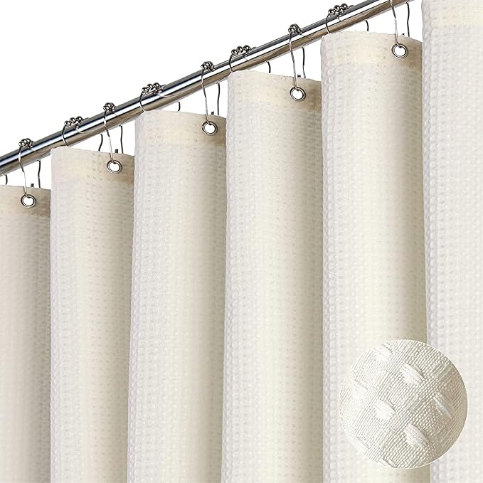Dynamene Long Fabric Shower Curtain - Waffle Textured Tall Heavy Duty Cloth Shower Curtains for Bathroom, 256GSM Large Hotel Spa Luxury Bath Curtain Set with 12 Plastic Hooks(72Wx80H, Cream/Ivory)