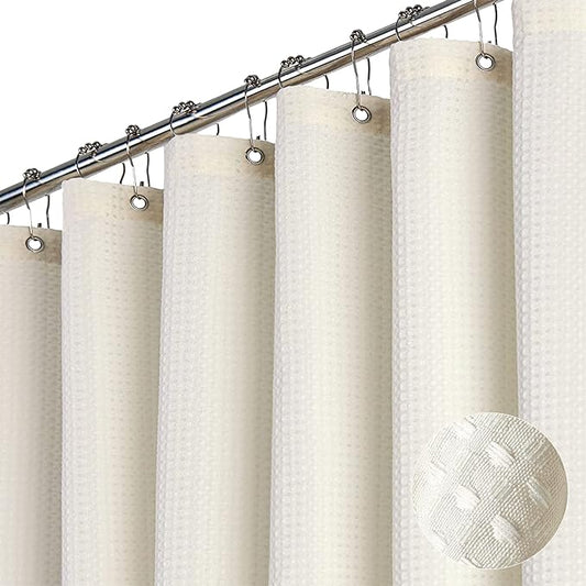 Dynamene Extra Long Fabric Shower Curtain， Waffle Weave 84 Inches Long Heavy Duty Cloth Shower Curtains for Bathroom, 256GSM Hotel Luxury Bath Curtain Set with 12 Plastic Hooks(72Wx84H, Cream/Ivory)