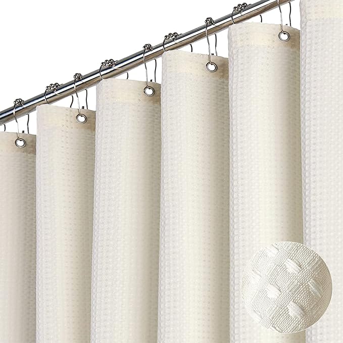 Dynamene Extra Wide Shower Curtain - 84 Inch Wide Waffle Weave Weighted Thick Cloth Bathroom Shower Curtain, Neutral Heavy Duty Hotel Bath Curtain Set with 14 Plastic Hooks, 84x72, Cream/Ivory
