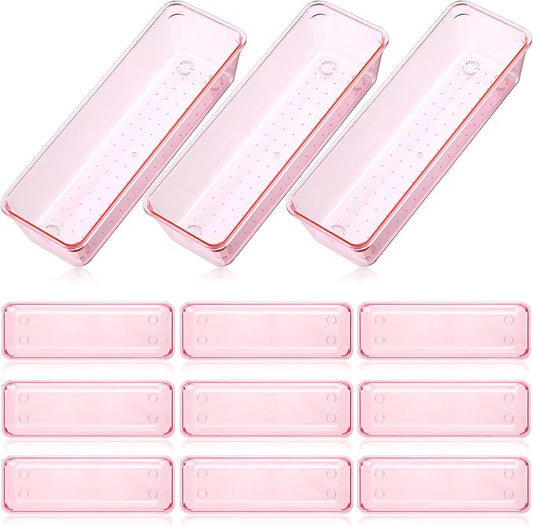 Maitys 12 Pcs Clear Drawer Organizer 9 x 3 x 2 Inches Plastic Rectangle Trays Makeup Vanity Storage Bins and Kitchen Drawers Dividers for Office Desk Silverware Kitchen Utensils(Pink)