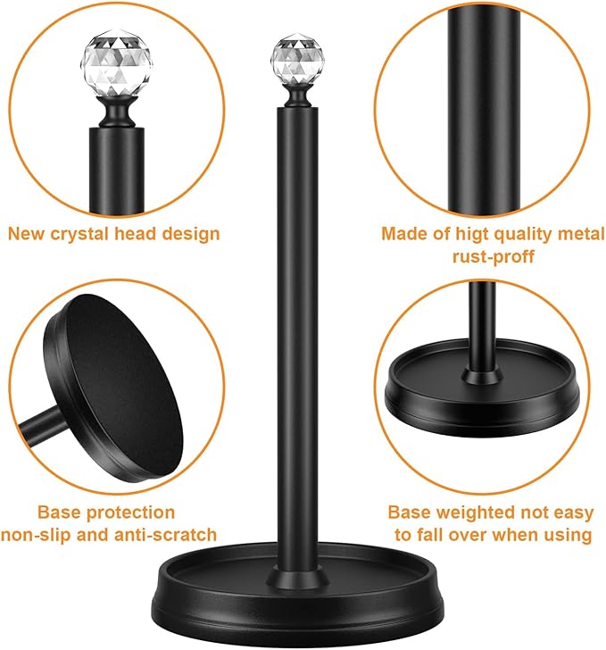KASUNTO Paper Towel Holder, Steel Paper Towel Holder Countertop with Crystal Head for Kitchen Countertops, Bars & Dining Tables (Matte Black,2 Pack)