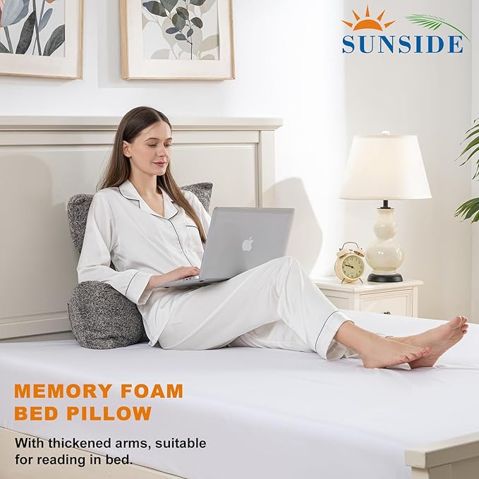 SUNSIDE Reading Pillow with Thickened Arm,Back Pillows for Sitting in Bed,Shredded Memory Foam Bed Rest Pillow with Side/Back Pocket,Backrest Cushion Suitable for Reading, Relaxing(Standard Grey)