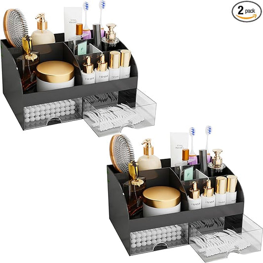 Makeup Organizer with Drawers, Cosmetic Storage for Dresser Vanity and Bathroom Countertop, Beauty Holder for Lipstick Brush, Skincare Organizer for Vanity, Cosmetic Display Case (Black-2Pack)