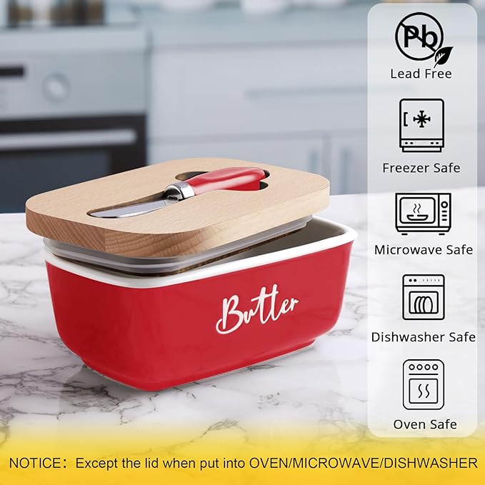 ALELION Red Butter Dish with Lid and Knife for Countertop, Ceramic Butter Container with Beech Wood Lid, Airtight Butter Keeper for Counter, for Red Kitchen Decor and Accessories