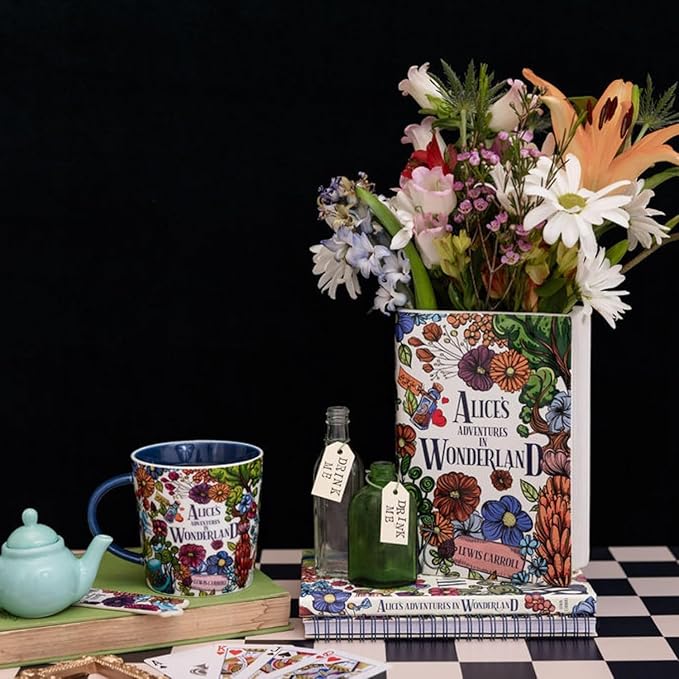 Steel Mill & Co Original Large Book-Shaped Decorative Vase, Ceramic Vases for Home Decor, Cute Bookshelf Decor, Unique Vase for Book Lovers, Alice's Adventures in Wonderland - Floral Nonsense