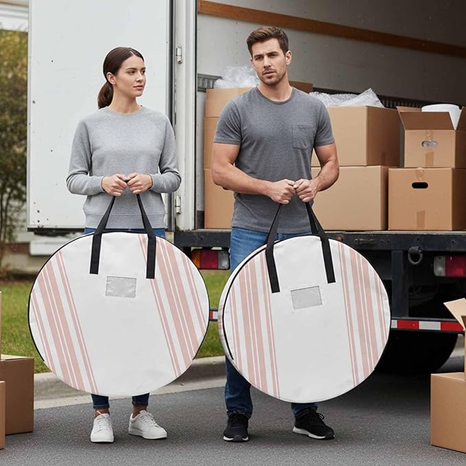 Storage Bag Pink Stripes Round Storage Totes Bins Closet Organizers with Zippers & Handle Simple Style Clothes Storage Container for Bedroom Dorm Space Saving Packing Supplies Moving Bags