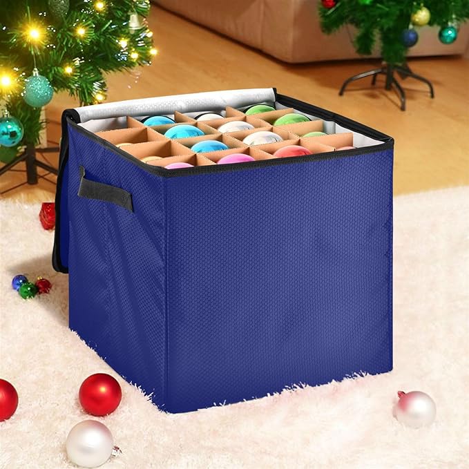 Dark Blue Christmas Ornament Storage Basket Box Holiday Storage Container Cube with Adjustable Dividers for 64 Holiday Ornaments or Decorations Keeps Clean and Dry for Next Season