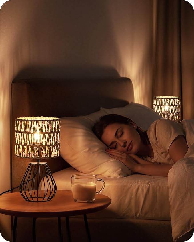 Rattan Table Lamp, Boho Table Lamp, Small Bedside Lamp, Handwoven Paper Lampshade, 2700K LED Bulb Included, Boho Desk Lamp, Modern Nightstand Lamp for Bedroom, Living Room, HW06TL05